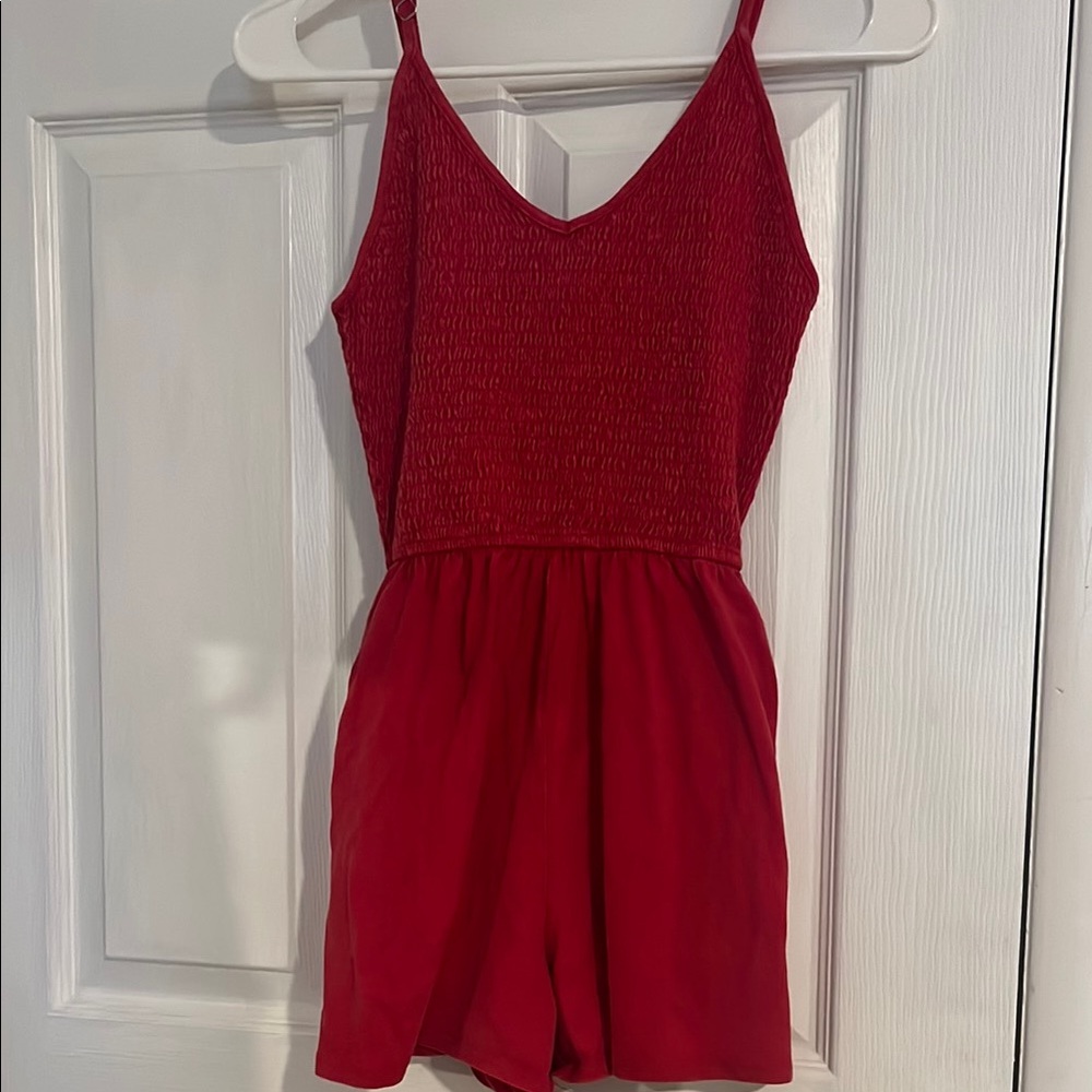 Red Sleeveless Romper with Spaghetti Straps and V-Neckline